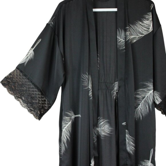 La Vie en Rose Luxury Lace Detail Satin Kimono Small Black White 3/4 Sleeve SW48 - Picture 4 of 7